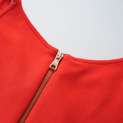 A - line Dress with Minimalist Design & Chic Gold Button Details - Red