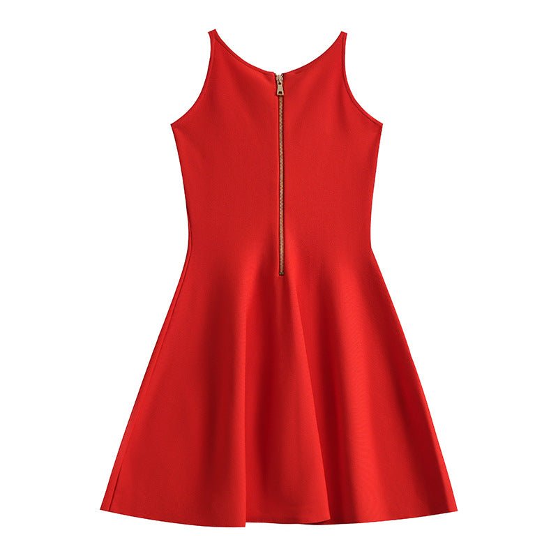 A - line Dress with Minimalist Design & Chic Gold Button Details - Red