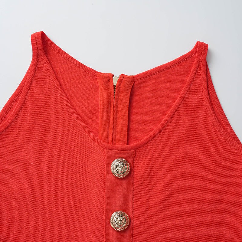 A - line Dress with Minimalist Design & Chic Gold Button Details - Red