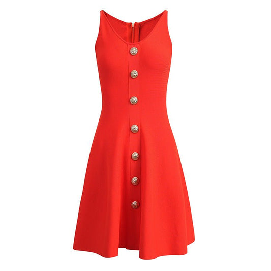 A - line Dress with Minimalist Design & Chic Gold Button Details - Red