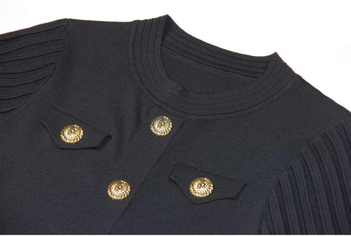 A - Line Dress with Pleats & Gold Detail - Tailored Fit - Black