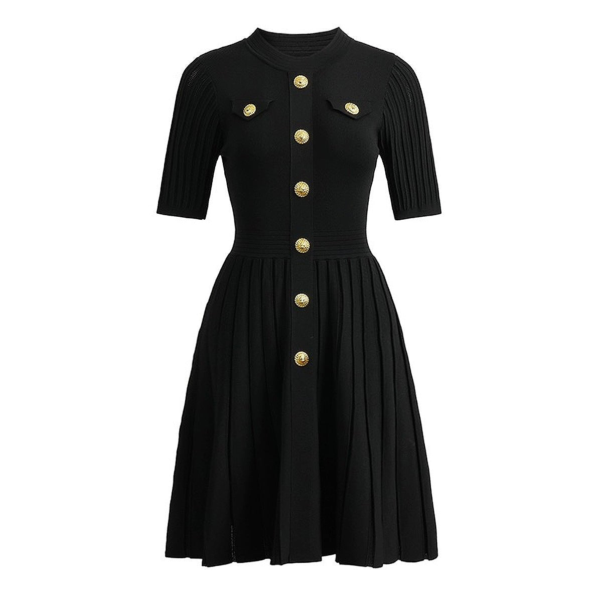 A - Line Dress with Pleats & Gold Detail - Tailored Fit - Black