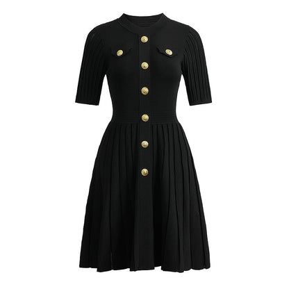 A - Line Dress with Pleats & Gold Detail - Tailored Fit - Black