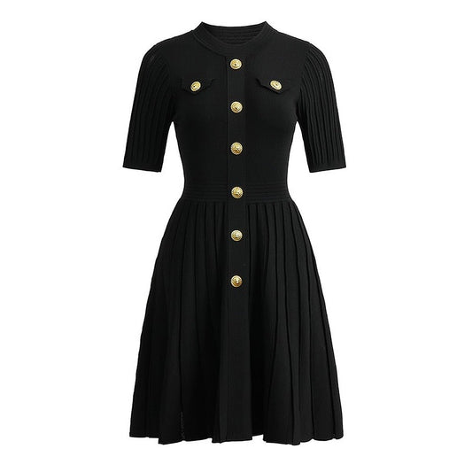 A - Line Dress with Pleats & Gold Detail - Tailored Fit - Black