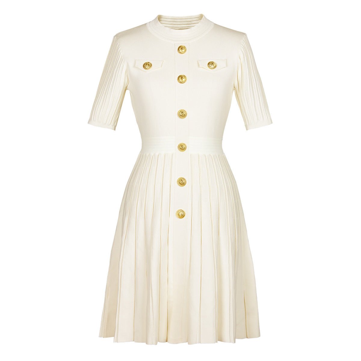 A - Line Dress with Pleats & Gold Detail - Tailored Fit - White