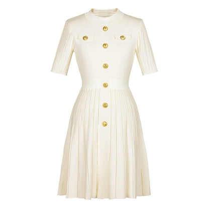 A - Line Dress with Pleats & Gold Detail - Tailored Fit - White