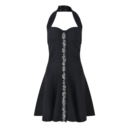 A - Line Halter Dress with Floral Design, Fitted Bodice - Black