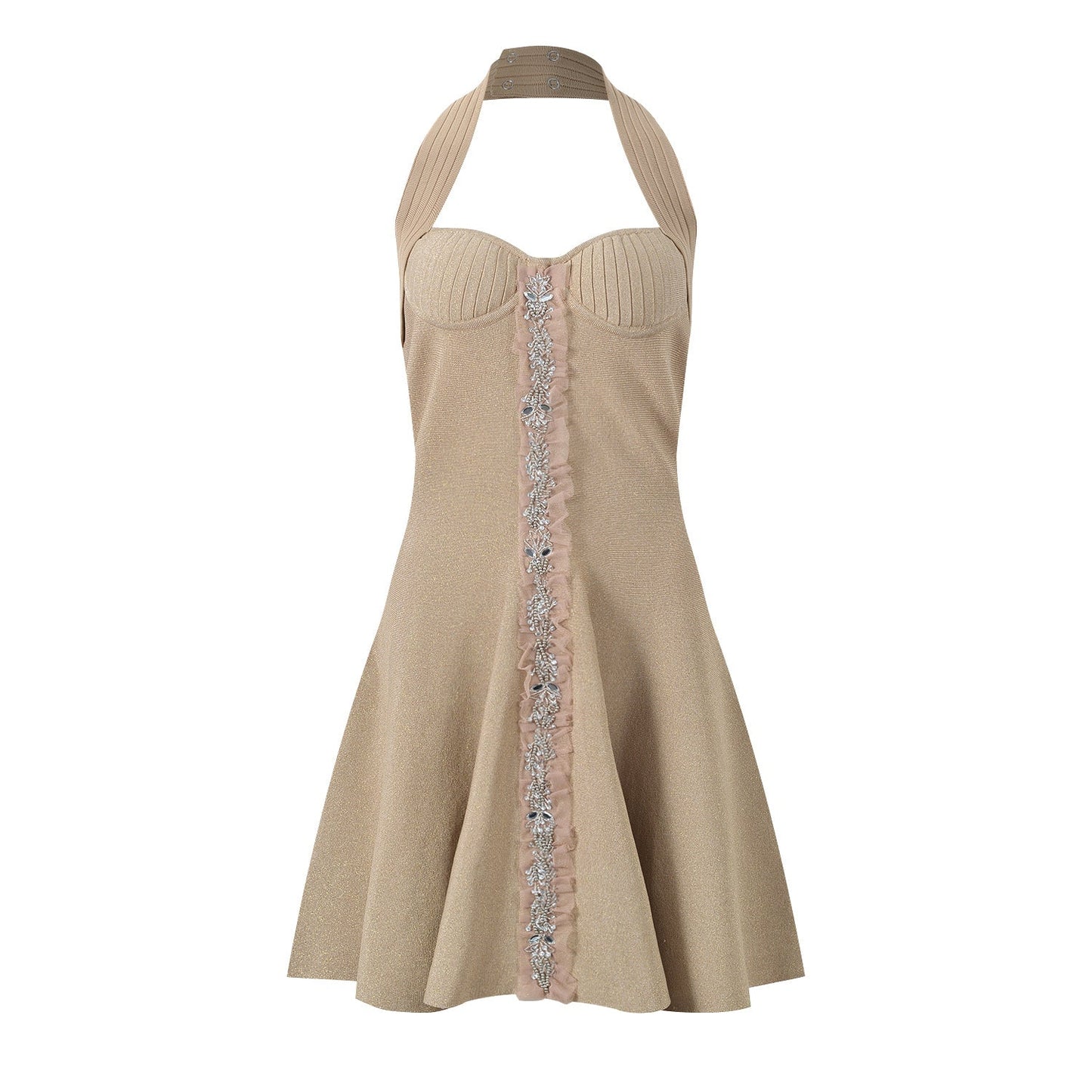 A - Line Halter Dress with Floral Design, Fitted Bodice - Beige