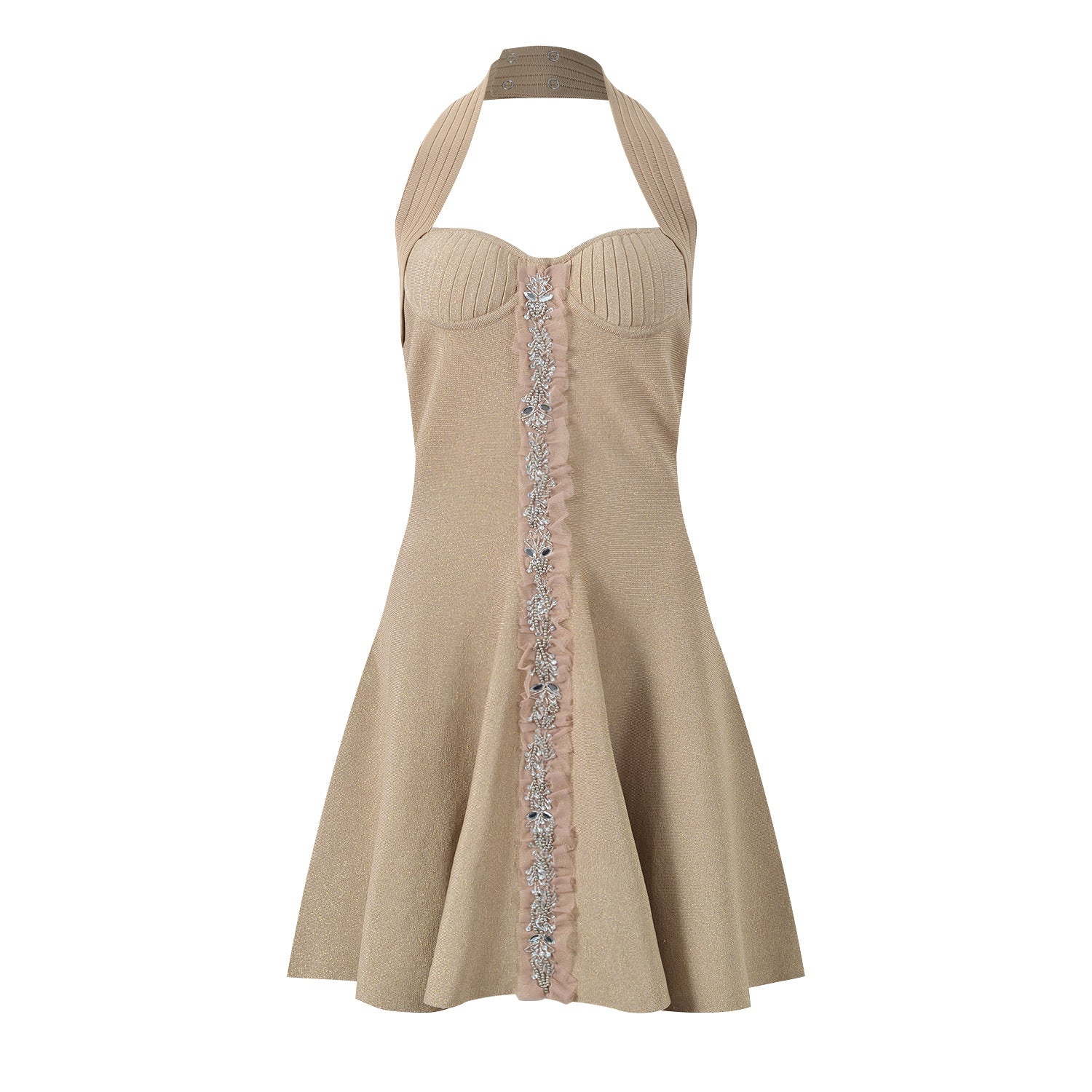 A - Line Halter Dress with Floral Design, Fitted Bodice - Beige