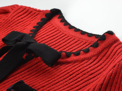 A - Line Ribbed Fall Sweater with Stylish Bow Accents - Red