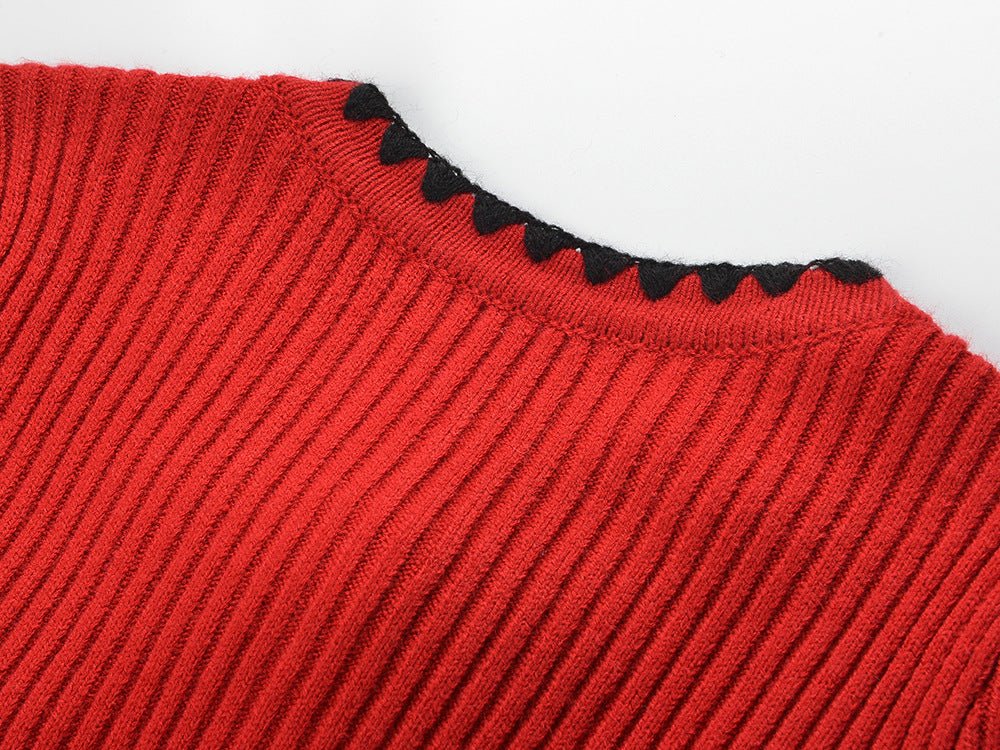 A - Line Ribbed Fall Sweater with Stylish Bow Accents - Red