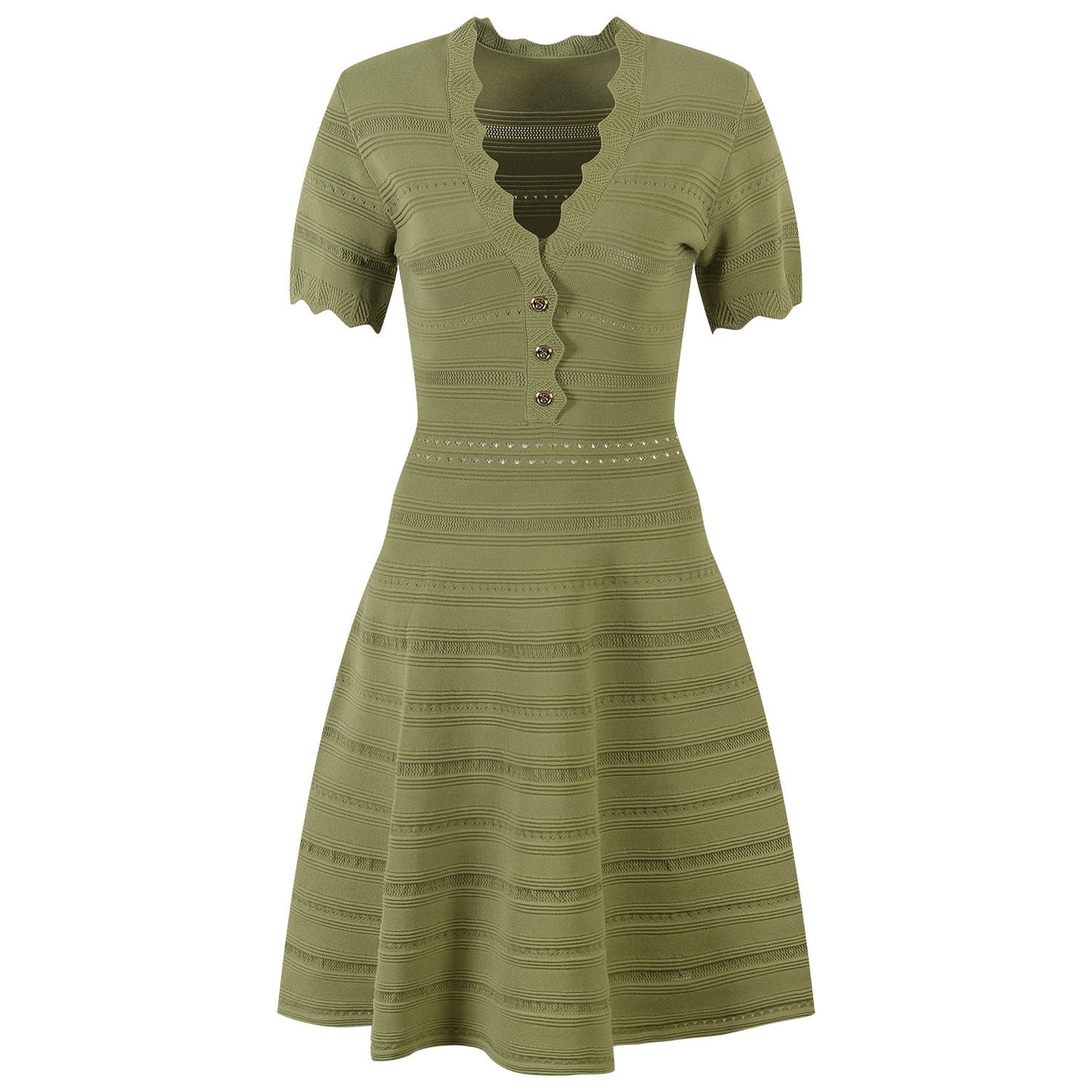 A - Line Summer Dress: Knitted Stripe Design with Decorative Buttons - Green