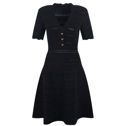 A - Line Summer Dress: Knitted Stripe Design with Decorative Buttons - Black