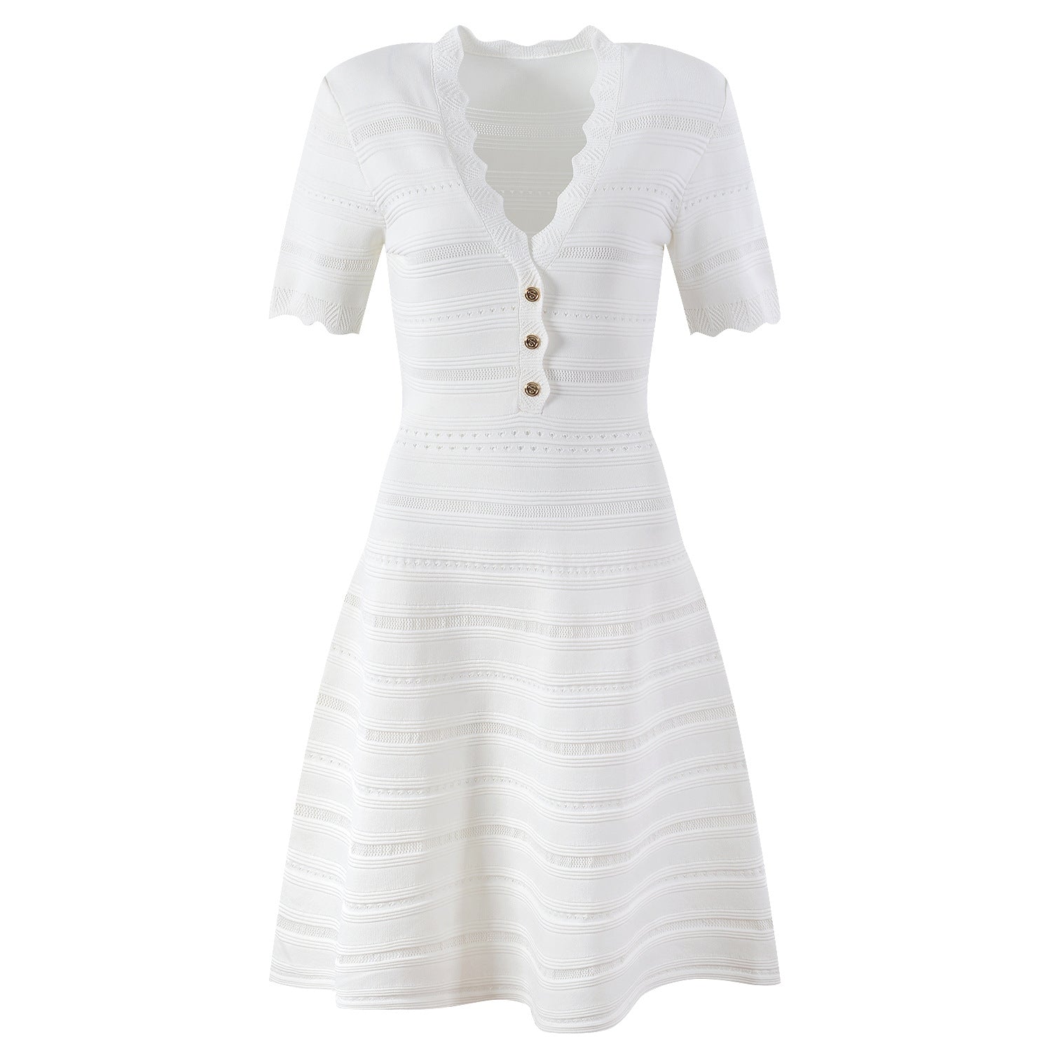 A - Line Summer Dress: Knitted Stripe Design with Decorative Buttons - White