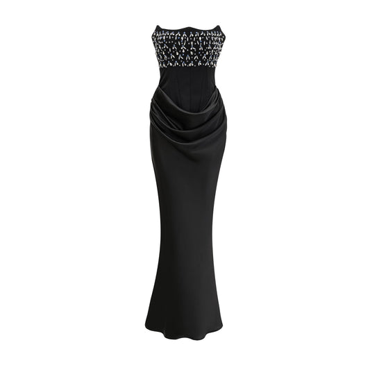 A long elegant maxi dress adorned with sparkling crystal embellishments