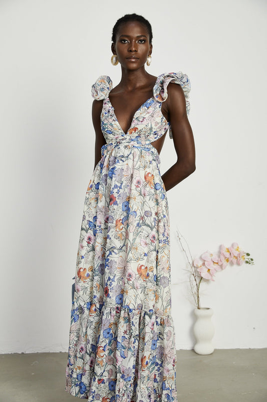 A long floral print maxi dress with a scooped back called Rosalie