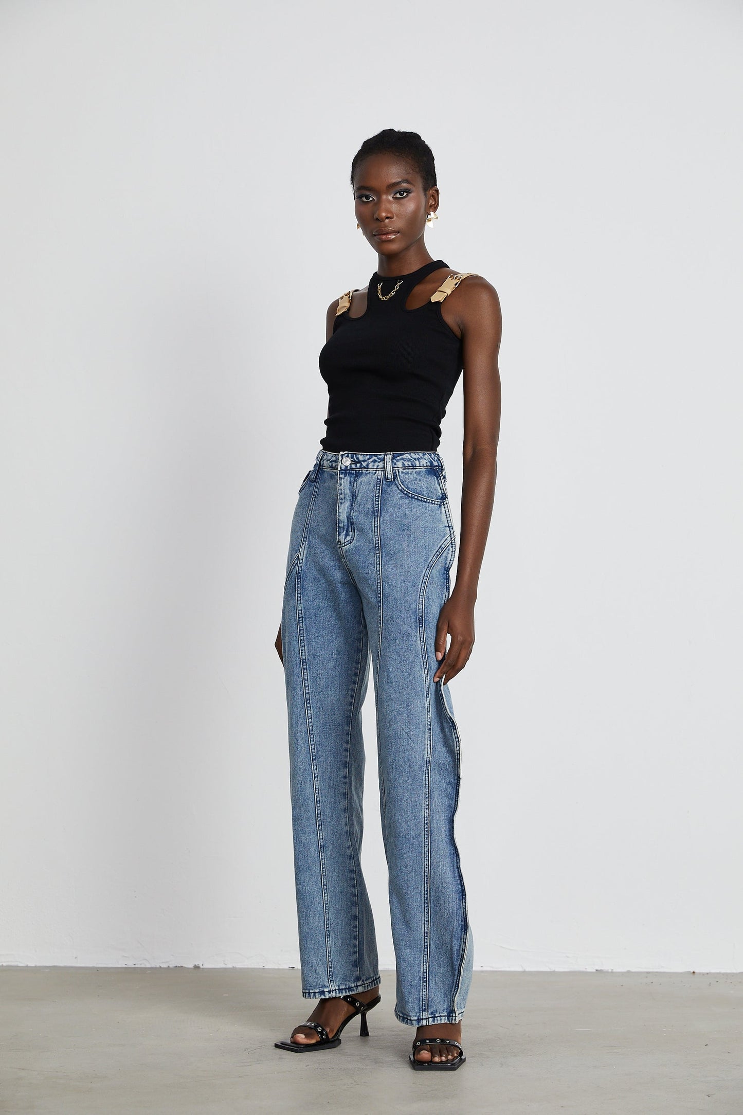 A pair of asymmetric wide leg jeans with a distinctive silhouette named Brigitte