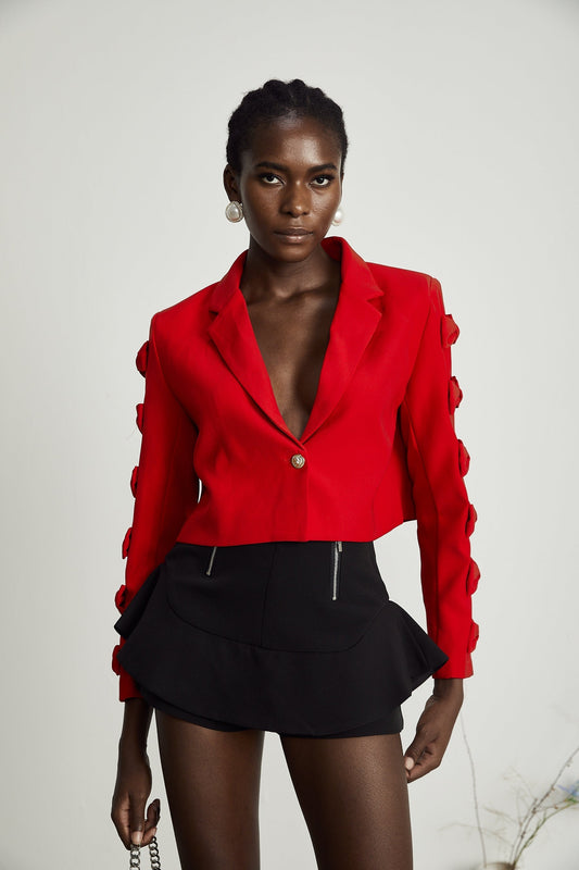 Red Blazer with Prominent Bow Tie Detail at the Collar