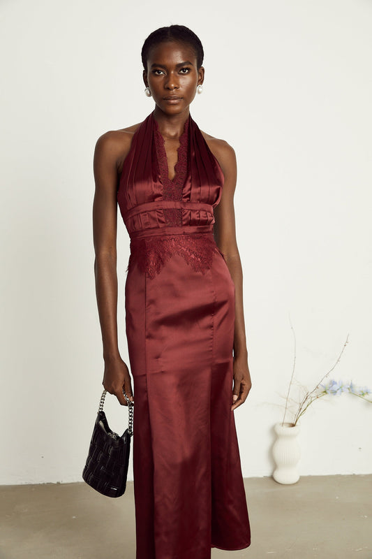 A red halterneck midi dress by Chloe featuring lace details