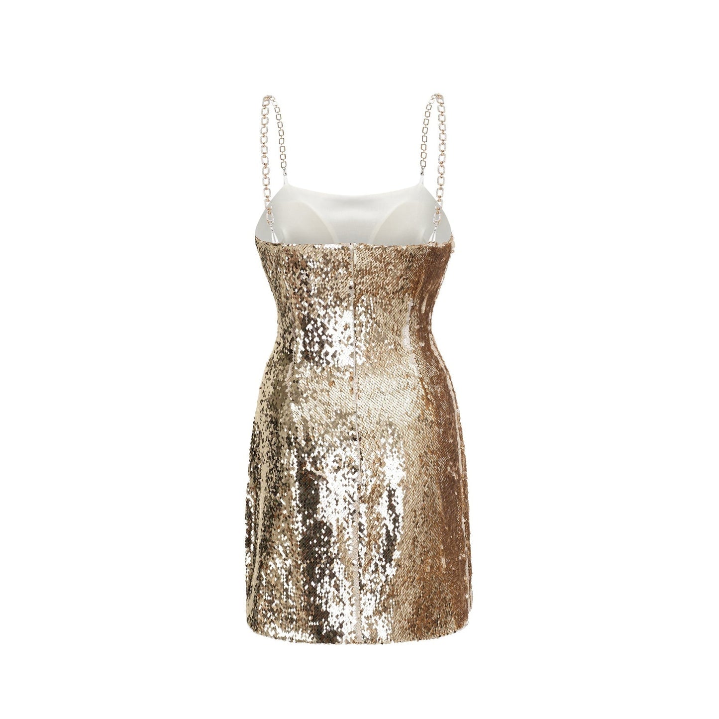 Gold sequin dress with reversible design and spaghetti straps adorned with sequins and zip enclosure on the back Made of 100% Polyester