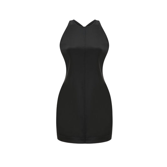 Black satin sleeveless dress with scoop back  crossover design thighlength 56% acetate 44% polyester