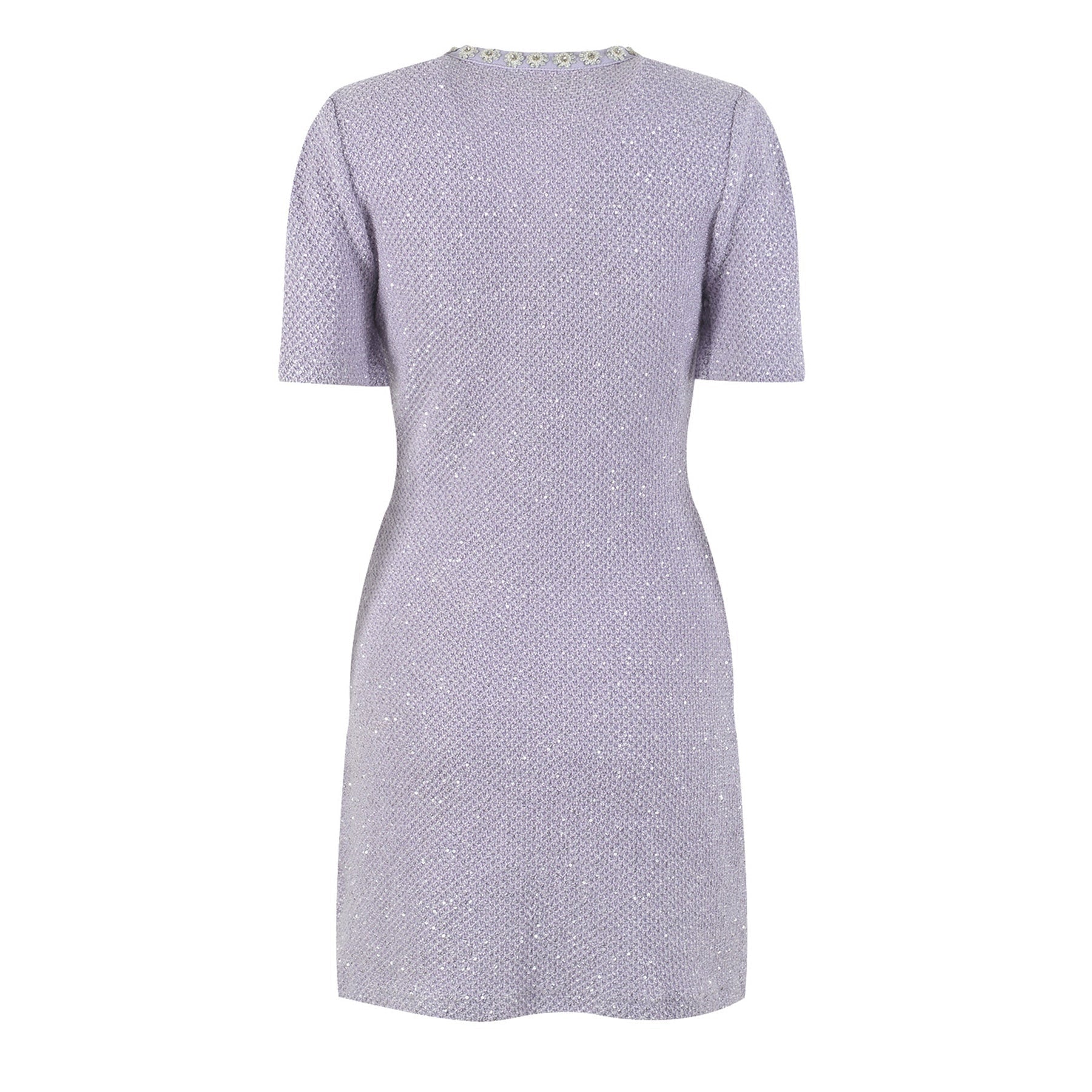 Lavender tweed dress with circular neckline sequin embellishments faux pearl details and front pockets Made of 80% Polyester 20% Cotton