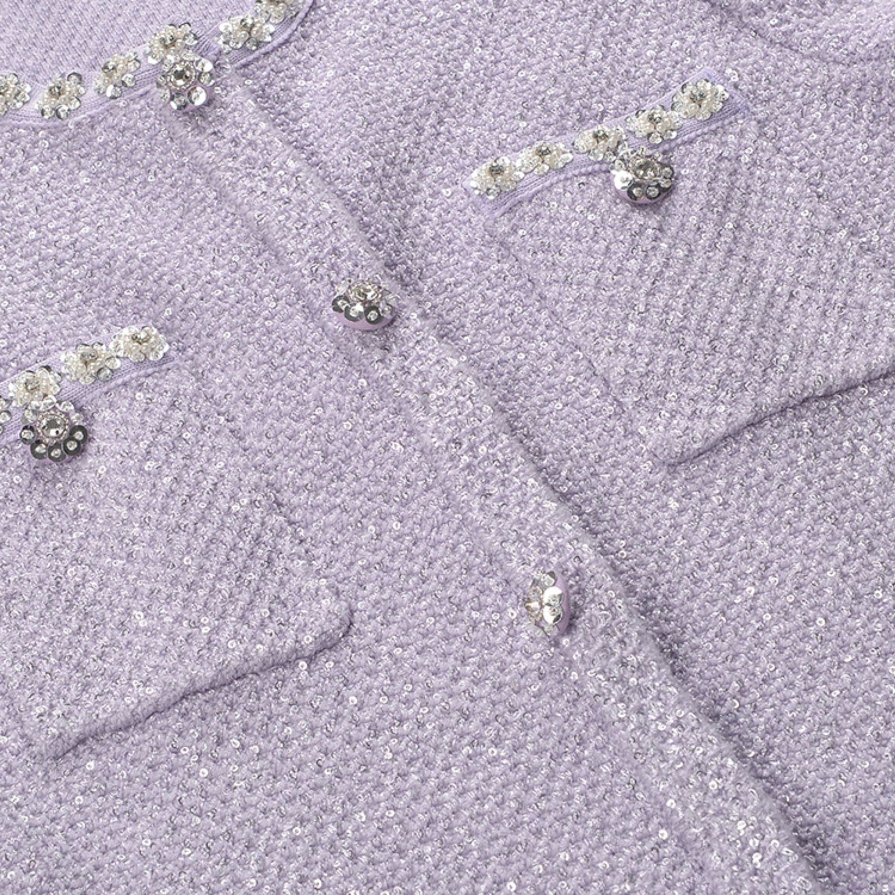 Lavender tweed dress with sequin and faux pearl details circular neckline short sleeves singlewelt pockets and front button closure % Thighlength 80% Polyester 20% Cotton