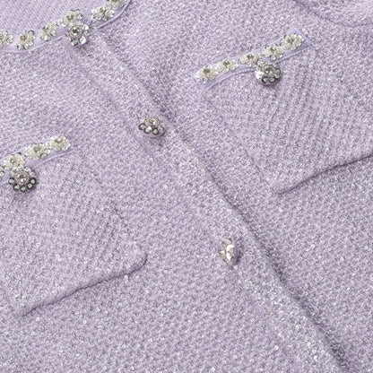 Lavender tweed dress with sequin and faux pearl details circular neckline short sleeves singlewelt pockets and front button closure % Thighlength 80% Polyester 20% Cotton