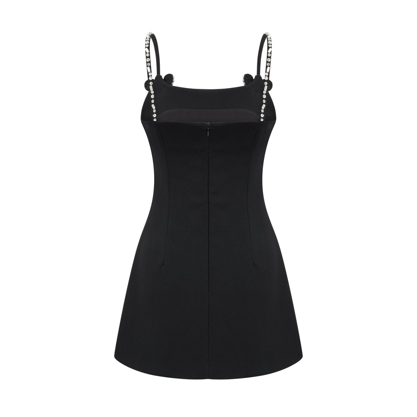 Sleeveless mini dress with % crystal bow deep Vneck thin spaghetti straps and square neckline rear zipper closure 68% Cotton 32% Polyester