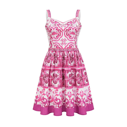 Pink sleeveless mini dress with sweetheart neck allover graphic print rear zip fastening and flared skirt Made of 100% Triacetate fiber for comfort