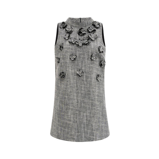 Grey crewneck sleeveless dress with fauxflower accents ALine silhouette thigh length Straight hemline rear zip fastening 68% Terylene 32% Cotton