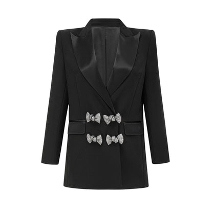 Sleek Tailored Black Blazer with Crystal Embellished Bow