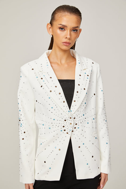 White Blazer Adorned with Sparkling Rhinestones and Long Sleeves