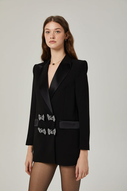 Sophisticated Black Blazer with Crystal Bow on Lapel