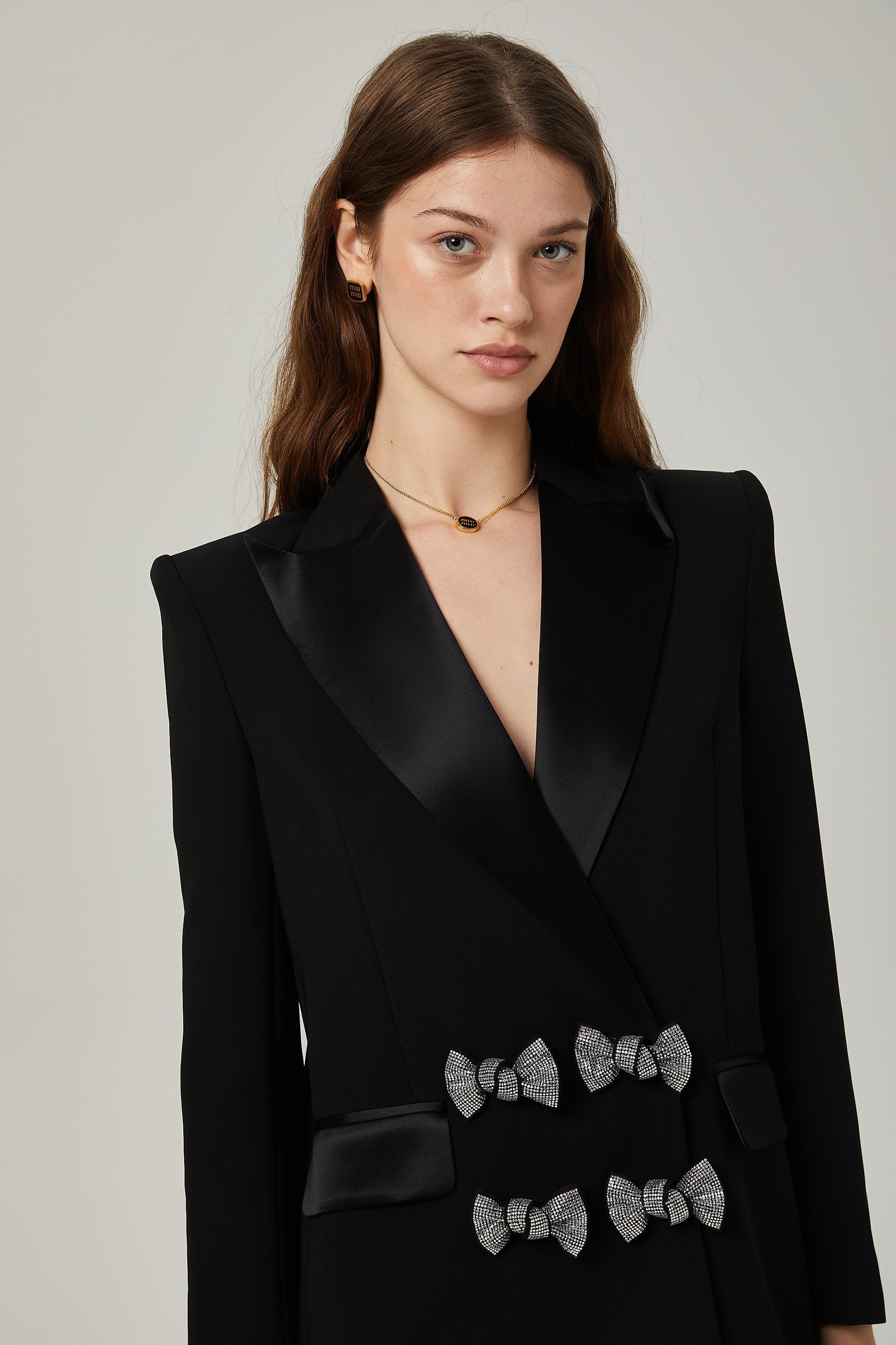 Black Blazer with Stunning Crystal Bow Detail on the Lapel