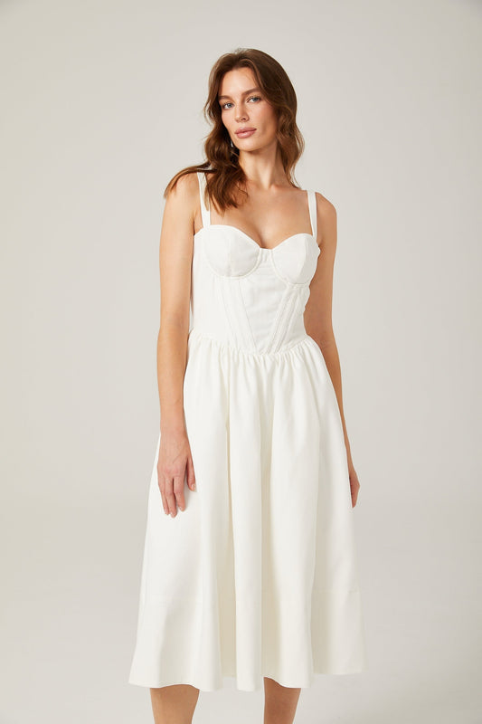 A white corset bustier midi dress with a fitted bodice and flared skirt featuring a sweetheart neckline and thin straps named Lorraine