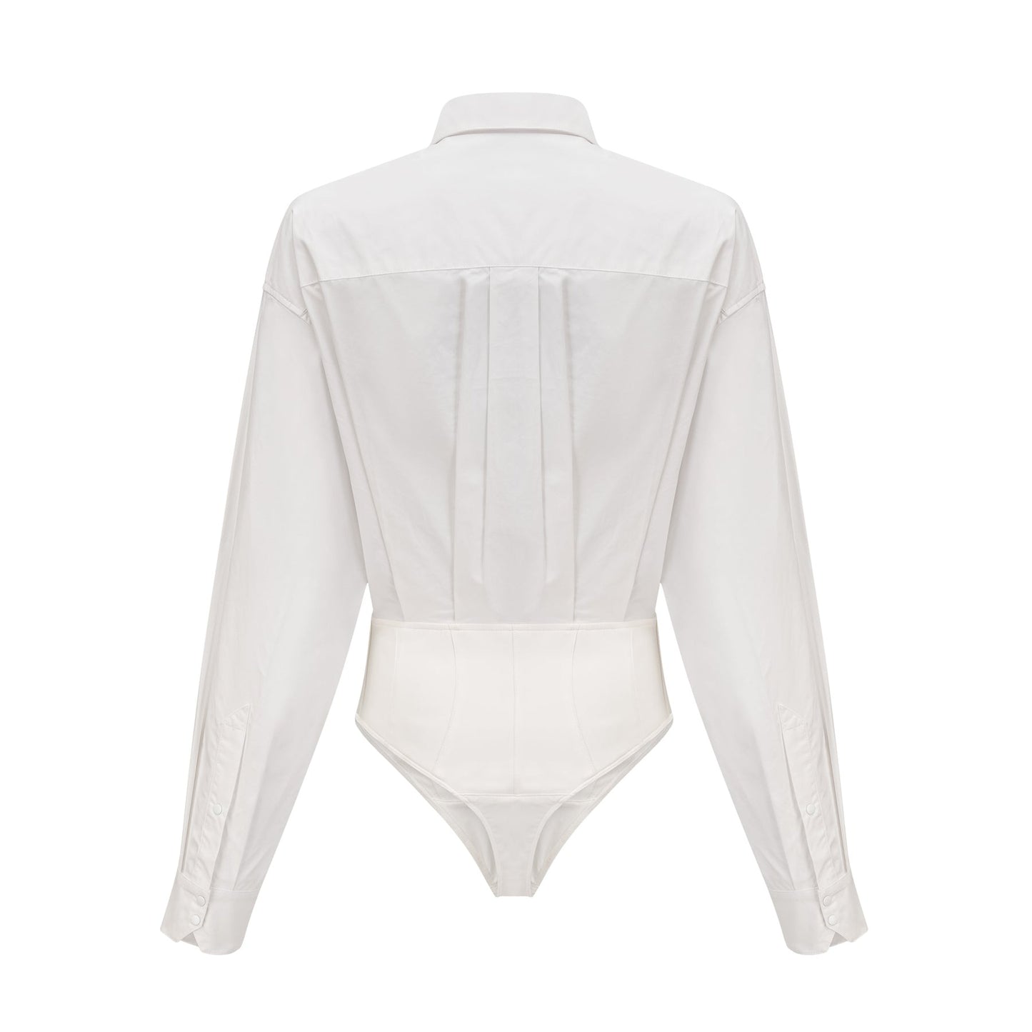 white cottonpoplin bodysuit with jersey trim and thong style bottom featuring thin straps and a snap closure