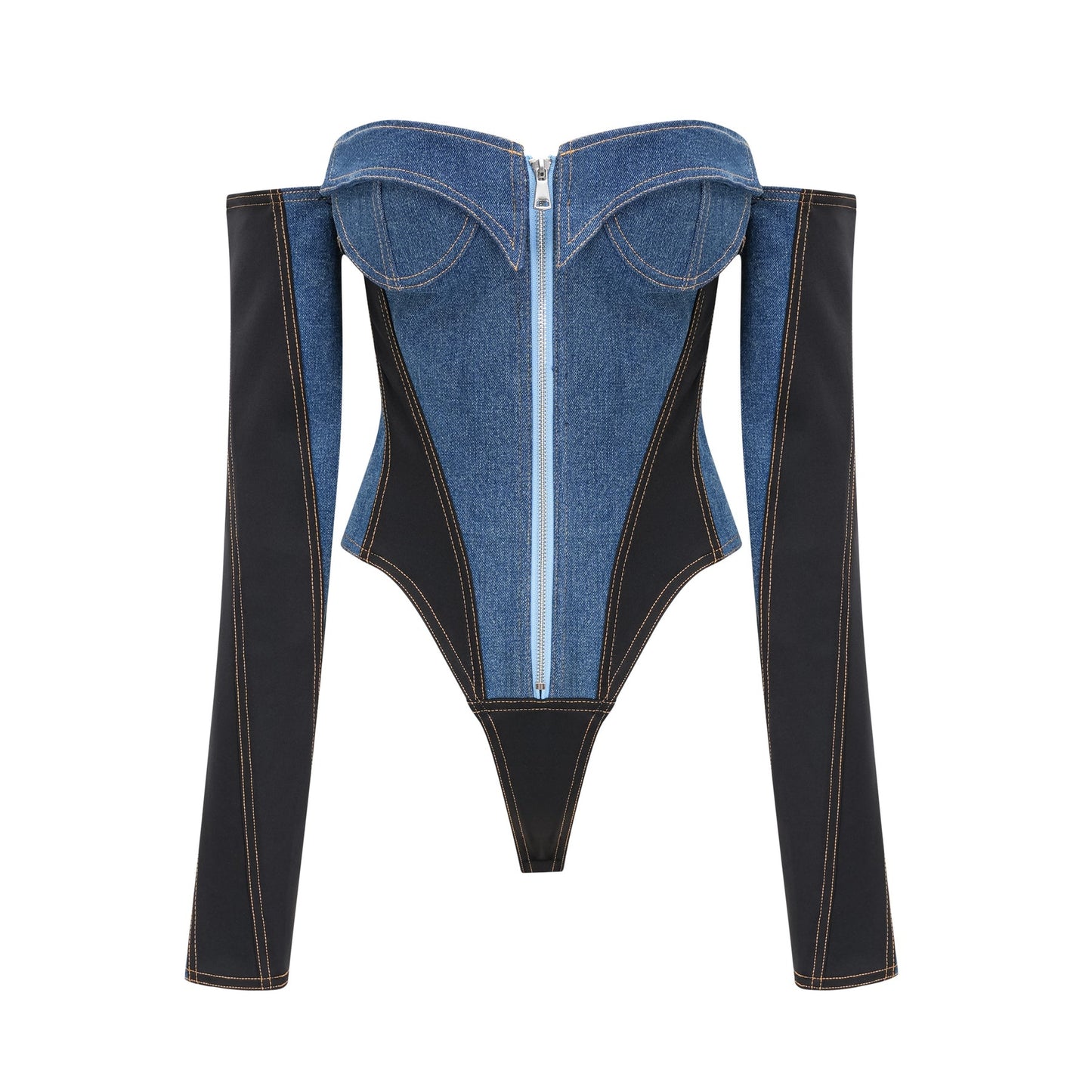 dark blue denim bodysuit with corset style top and long sleeves