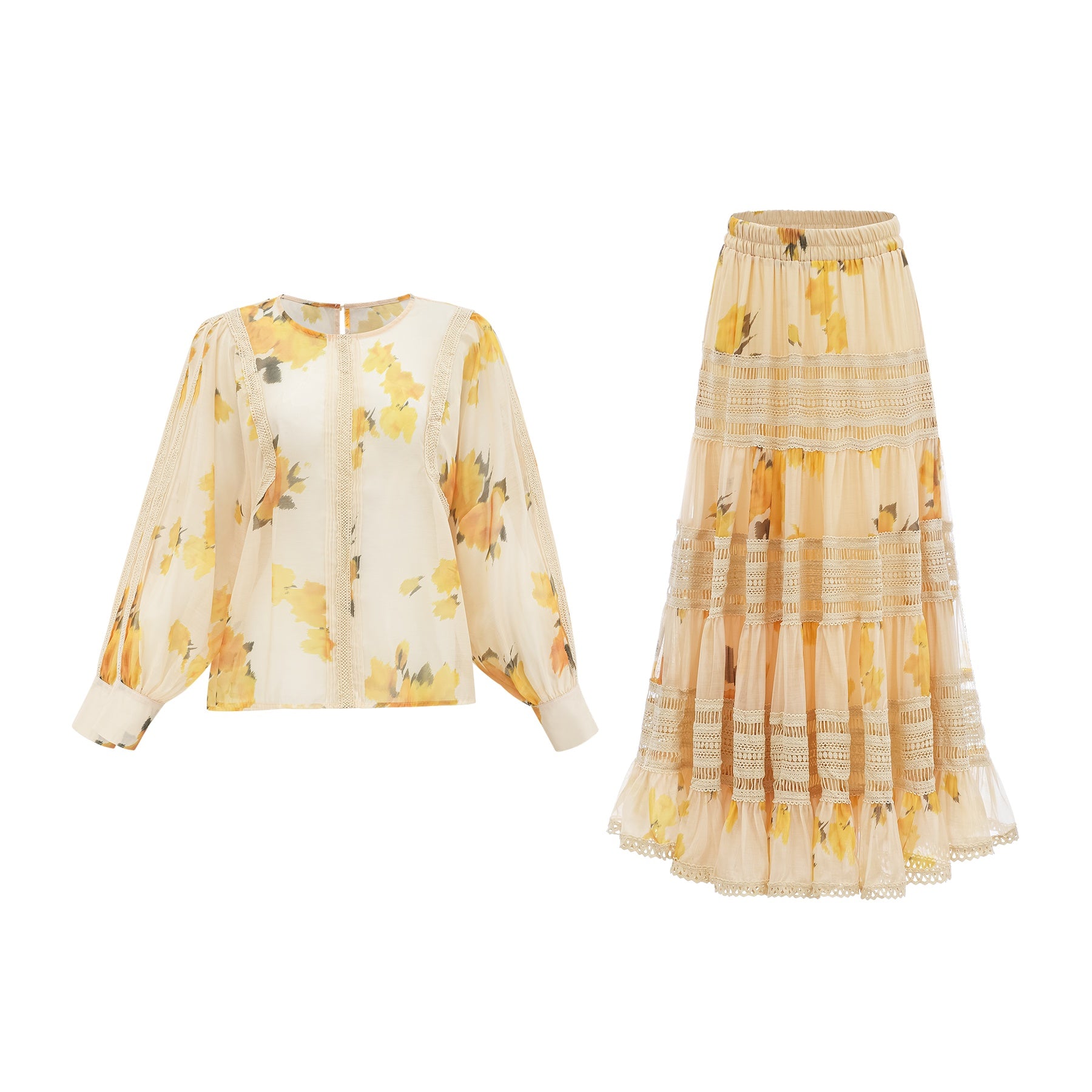 Yellow floral top and matching tiered maxi skirt set