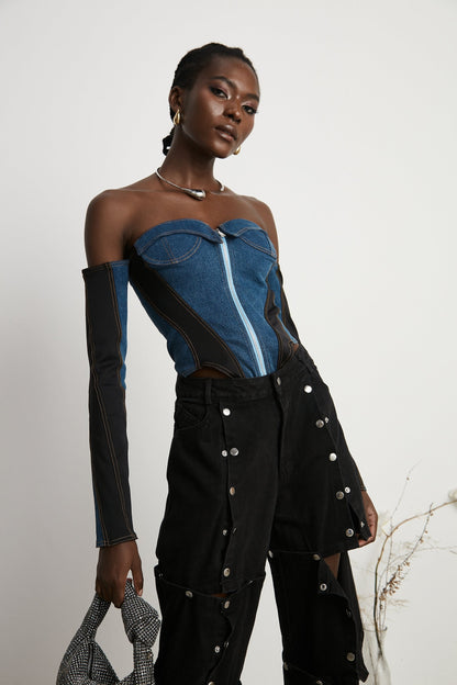 dark blue denim bodysuit with corset style top and long sleeves