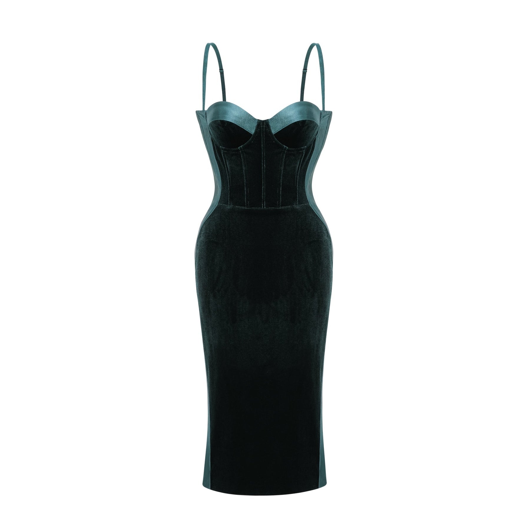 A green midi dress with a bustier top and a fitted silhouette