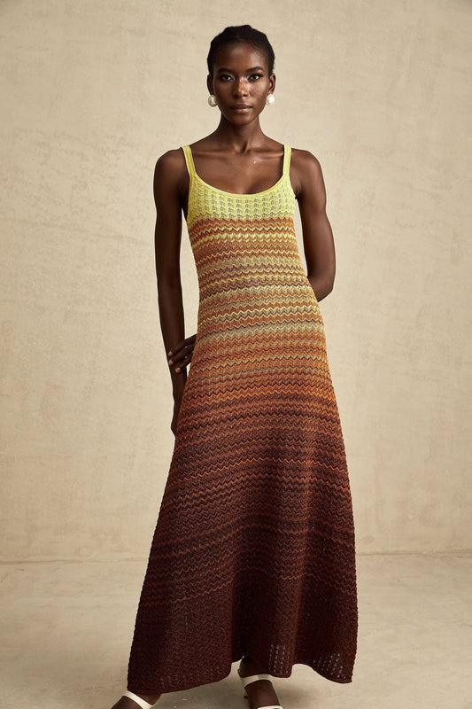 brown and multicolor midi dress with a gradient effect, sleeveless design, scoop neck, and delicate spaghetti straps