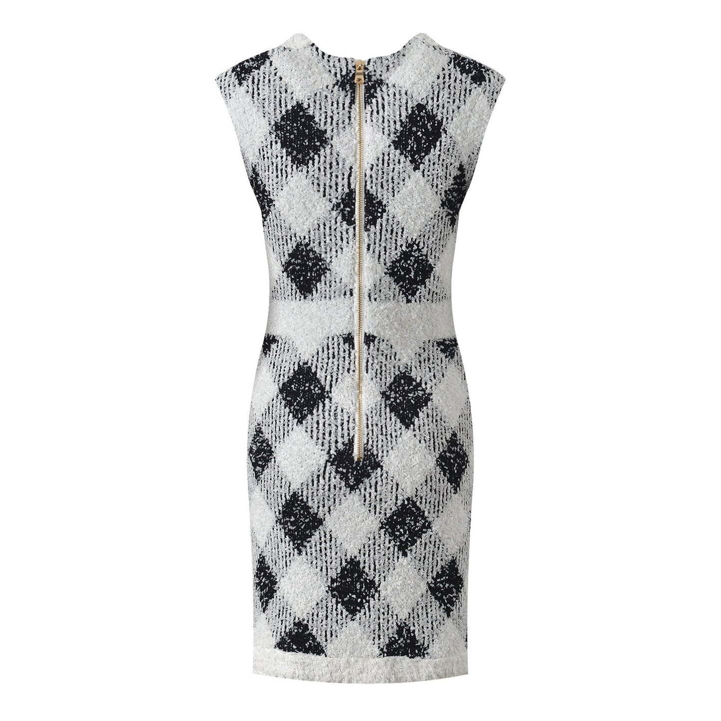 Argyle Bodycon Dress with Golden Button Accents - Gray