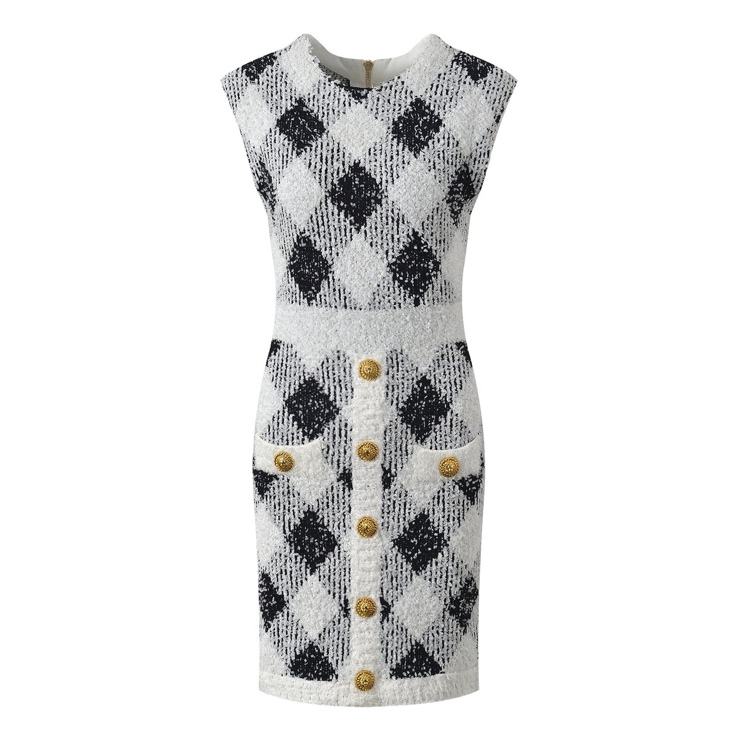 Argyle Bodycon Dress with Golden Button Accents - Black