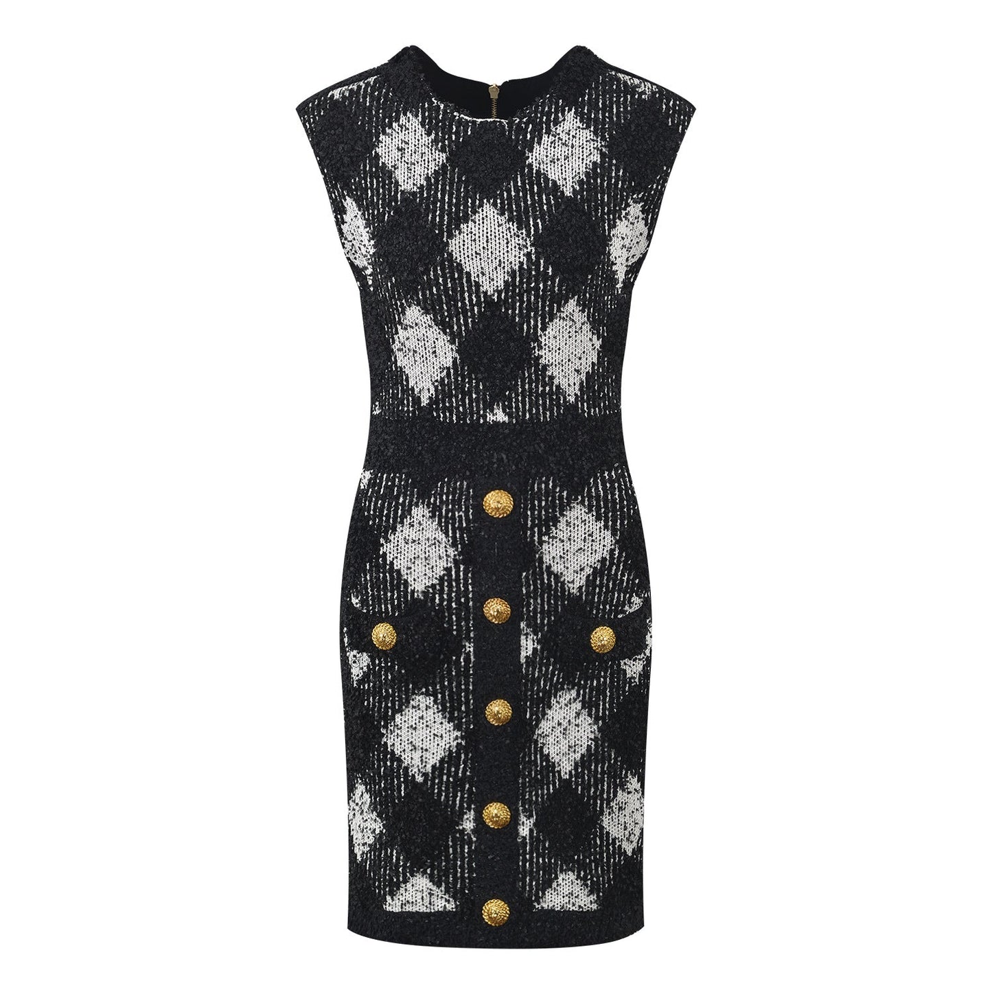 Argyle Bodycon Dress with Golden Button Accents - Black