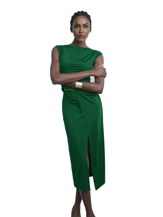 AutumnWinter New Elegant Burgundy Short Sleeve Midi Knit Waist Dress Suitable For Holiday Parties