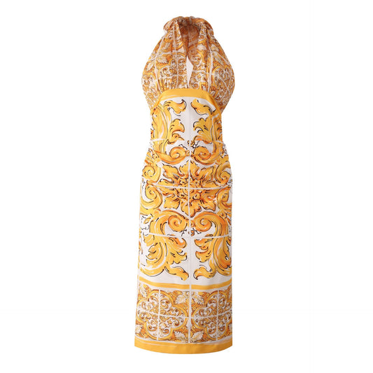 Baroque Halter Dress with Majolica - Print - Yellow