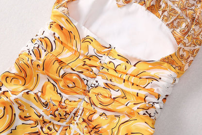 Baroque Halter Dress with Majolica - Print - Yellow