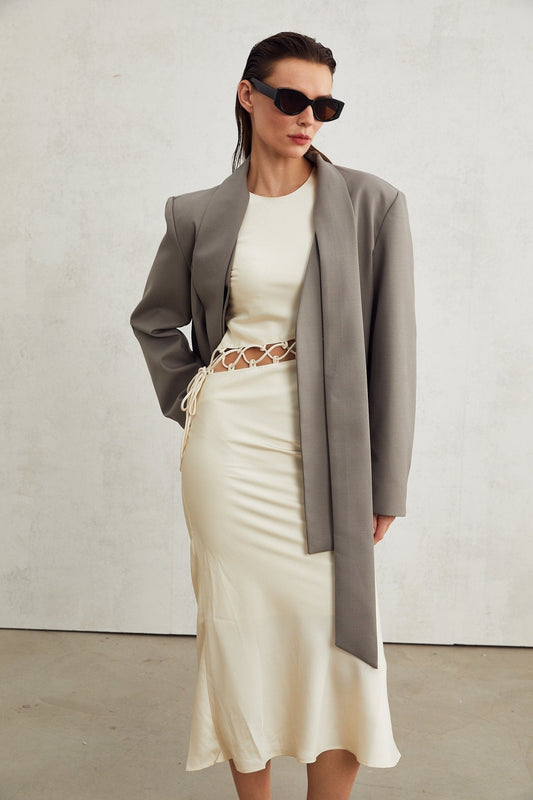 Grey Collarless V Neck Blazer