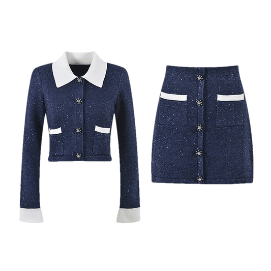 a matching knitted jacket and skirt set in a light color